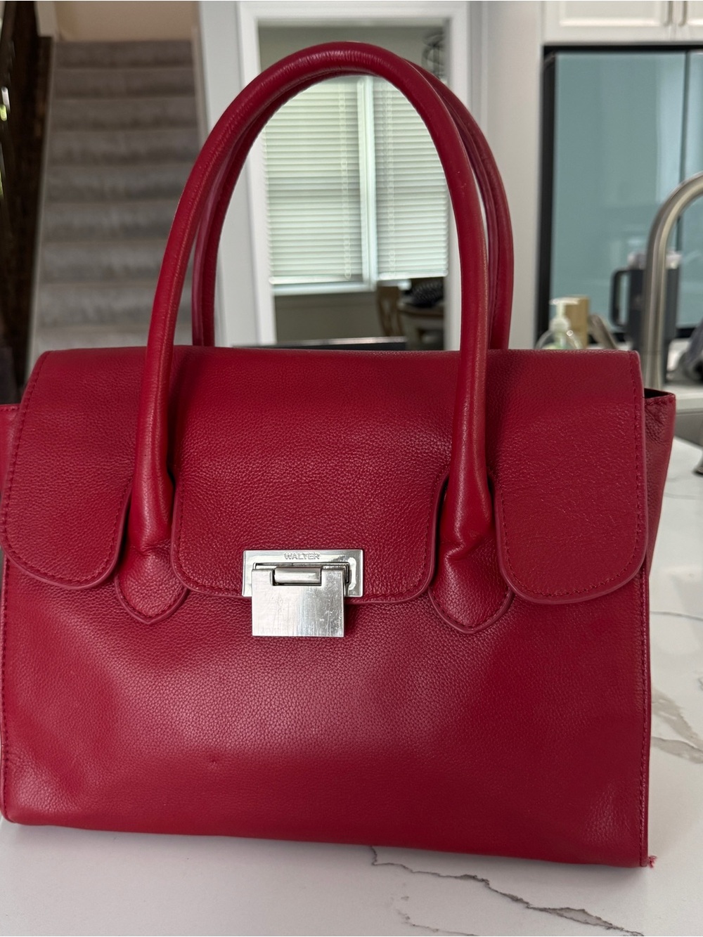 Walter Baker Red Leather Satchel with Silver-Tone Lock